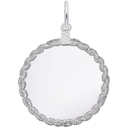 The Extra Large Twisted Rope Disc - Sterling Silver Charm by Rembrandt Charms showcases a round design with a twisted rope pattern along the edges and includes a small loop at the top for easy attachment to a chain. Its center is smooth and reflective, making it an elegant addition to any jewelry collection.