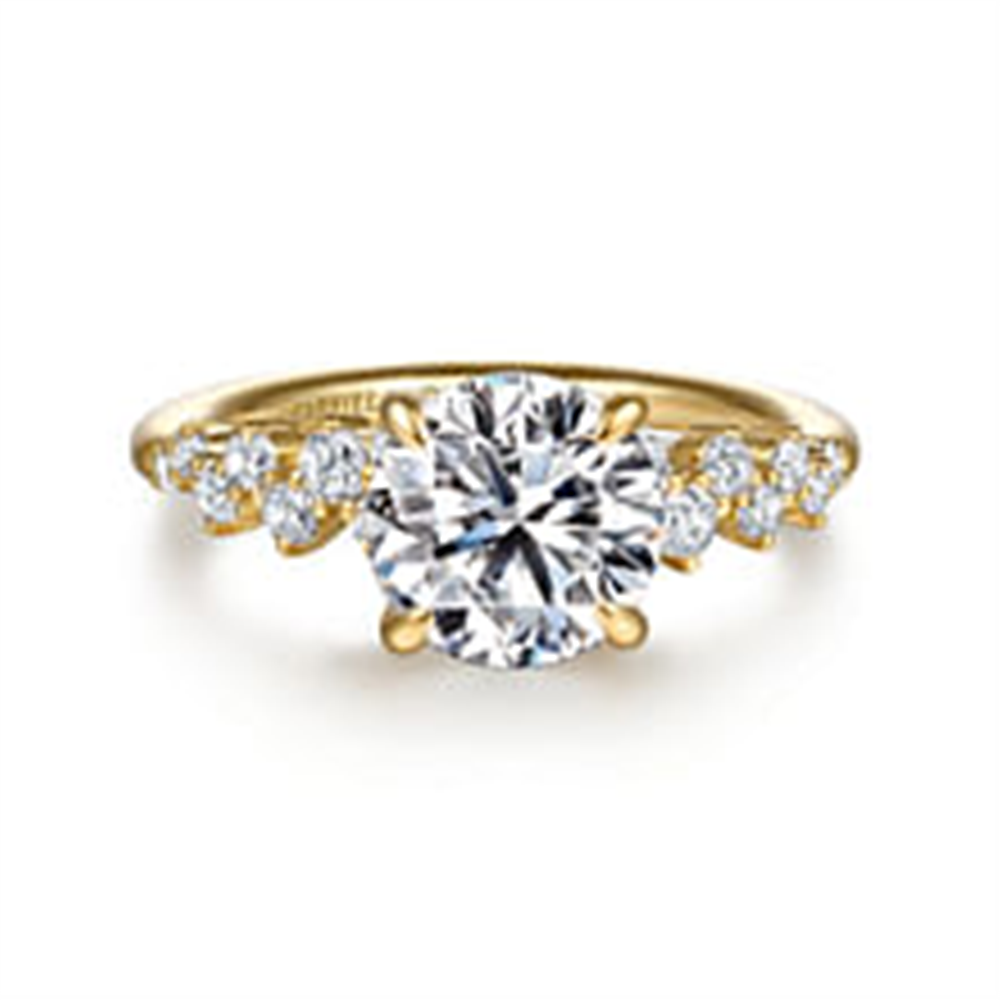 The Gabriel & Co 14K yellow diamond engagement ring (size 6.5, SN: S2079332) features a large round central diamond and accent diamonds set along each side of the band.