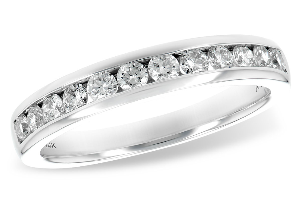 The Allison Kaufman 14k white wedding band features a row of round, clear diamonds totaling 0.50ct, expertly set in a classic channel design along the band. Marked “14K” inside, this elegant piece highlights the timeless craftsmanship and sophisticated style that defines Allison Kaufman jewelry.
