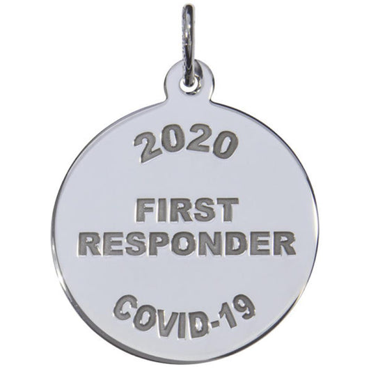 The Covid-19 First Responders Charm in Sterling Silver by Rembrandt Charms is a beautifully crafted round charm, elegantly engraved with "2020 FIRST RESPONDER COVID-19." It features a small loop at the top, making it perfect for attaching to a chain or string. This meaningful piece honors courage and dedication during challenging times.