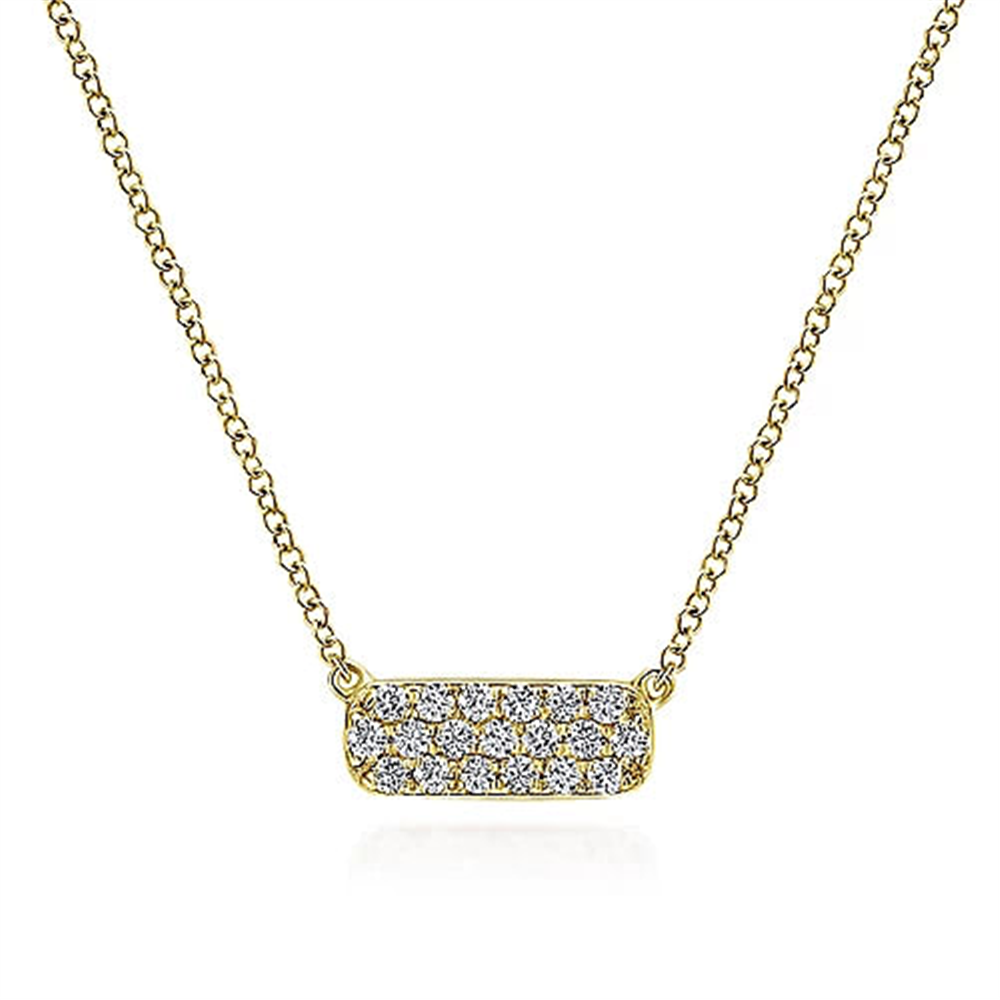 A close-up view of the Gabriel & Co 14K Yellow Gold Rectangular Diamond Pendant Necklace, showcasing a rectangular pendant adorned with multiple small, sparkling diamonds. The thin and delicate adjustable 17.5-inch necklace chain complements the elegant design, set against a plain white background.