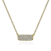 A close-up view of the Gabriel & Co 14K Yellow Gold Rectangular Diamond Pendant Necklace, showcasing a rectangular pendant adorned with multiple small, sparkling diamonds. The thin and delicate adjustable 17.5-inch necklace chain complements the elegant design, set against a plain white background.