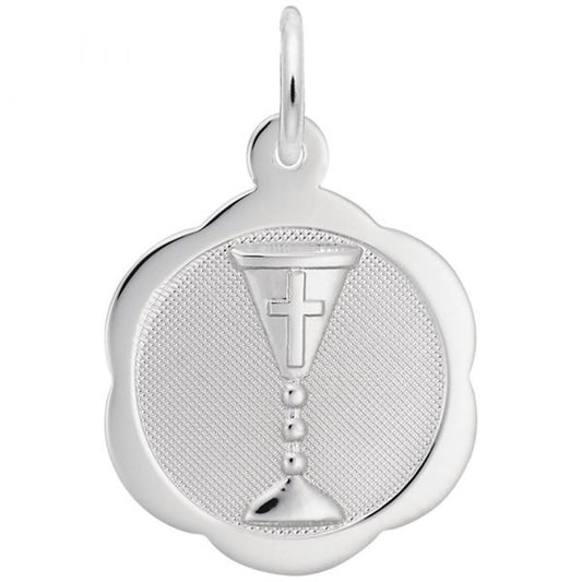 The Communion Chalice Scalloped Disc Charm in Sterling Silver by Rembrandt Charms is a flower-shaped pendant featuring a Communion Chalice and cross at its center, set against a textured, mesh-like background that highlights the brand's meticulous craftsmanship.