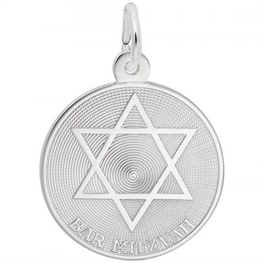 The image shows the Sterling Silver Bar Mitzvah Charm from Rembrandt Charms. The charm is crafted in sterling silver and features a detailed design commemorating a Bar Mitzvah. It measures 0.77 inches by 0.77 inches (19.66 mm x 19.66 mm) and has the style number 3775. This charm is a perfect keepsake for celebrating a Bar Mitzvah.
