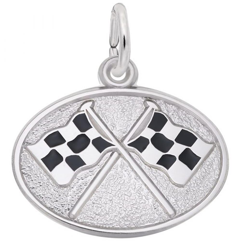 The Rembrandt Charms Racing Flags Oval Disc Charm is a sterling silver pendant featuring two crossed black and white checkered racing flags at its center, symbolizing racing victory. The flags are set against a textured background with a loop at the top for attaching to a chain.