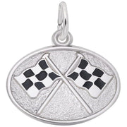 The Rembrandt Charms Racing Flags Oval Disc Charm is a sterling silver pendant featuring two crossed black and white checkered racing flags at its center, symbolizing racing victory. The flags are set against a textured background with a loop at the top for attaching to a chain.