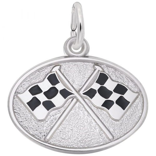 The Rembrandt Charms Racing Flags Oval Disc Charm is a sterling silver pendant featuring two crossed black and white checkered racing flags at its center, symbolizing racing victory. The flags are set against a textured background with a loop at the top for attaching to a chain.