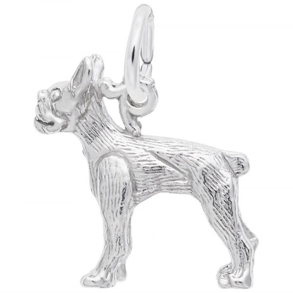 The Rembrandt Charms Boston Terrier in Sterling Silver Charm features a standing dog with detailed fur texture and pointed ears, making it the perfect gift for any dog lover.