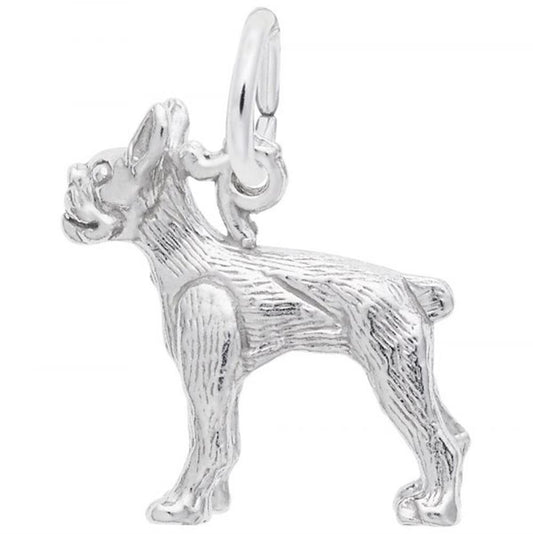 The Rembrandt Charms Boston Terrier in Sterling Silver Charm features a standing dog with detailed fur texture and pointed ears, making it the perfect gift for any dog lover.