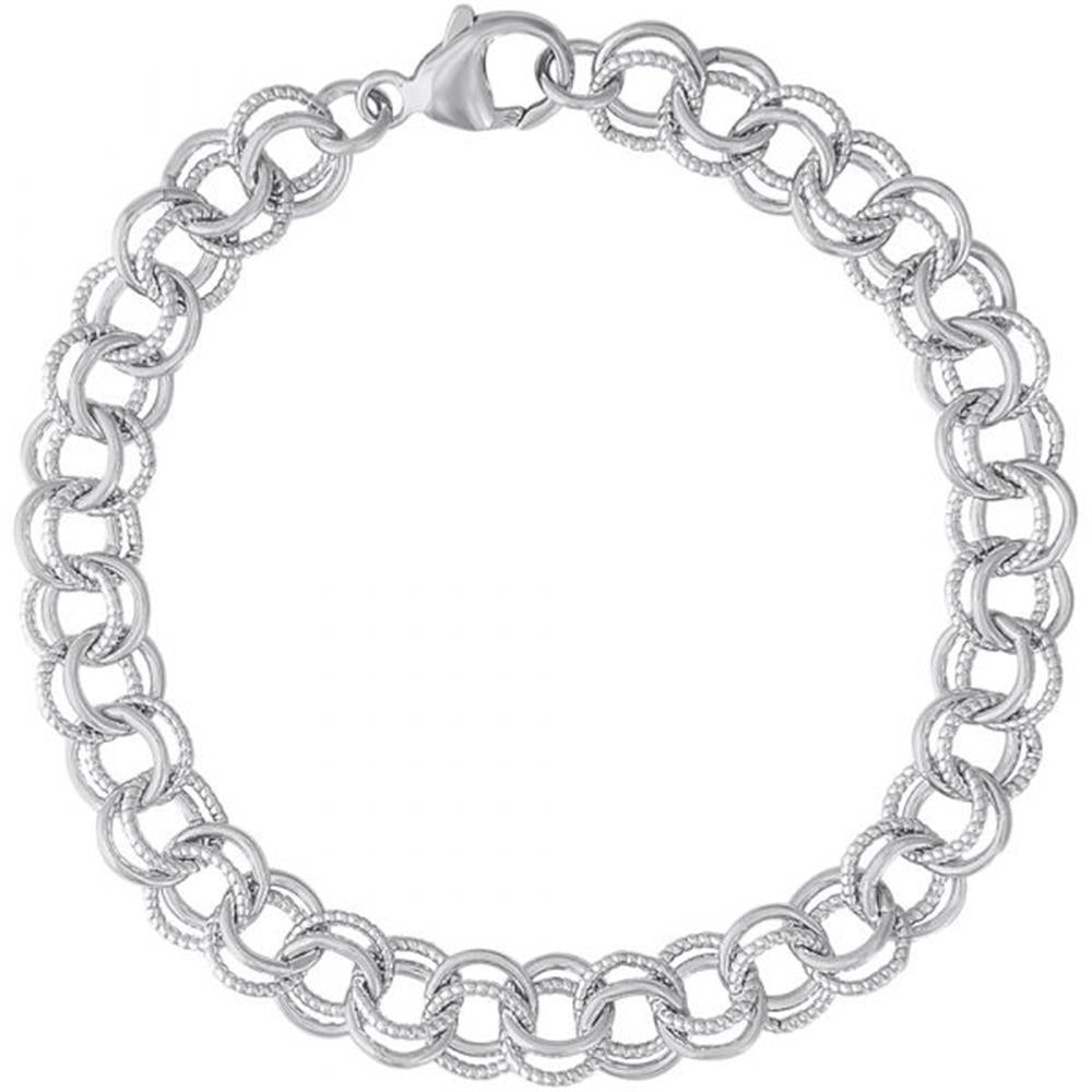 The Charm Bracelet 7 Inch from Rembrandt Charms is a sterling silver piece that showcases an alternating pattern of smooth and textured round links, secured with a lobster-claw clasp.