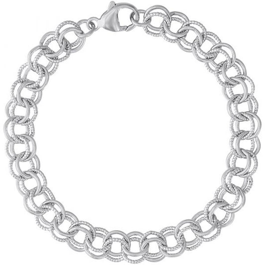 The Charm Bracelet 7 Inch from Rembrandt Charms is a sterling silver piece that showcases an alternating pattern of smooth and textured round links, secured with a lobster-claw clasp.
