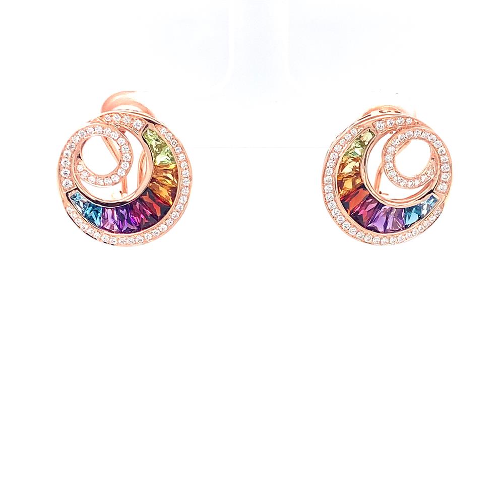 A pair of Bellarri's "Gemstones and Diamonds Earrings" crafted in 14K rose gold, featuring a circular, swirling design encrusted with genuine diamonds. The central swirl encloses a stunning array of multi-color gemstones arranged in a rainbow gradient from purple to green. The earrings are styled against a white background.