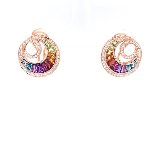 A pair of Bellarri's "Gemstones and Diamonds Earrings" crafted in 14K rose gold, featuring a circular, swirling design encrusted with genuine diamonds. The central swirl encloses a stunning array of multi-color gemstones arranged in a rainbow gradient from purple to green. The earrings are styled against a white background.