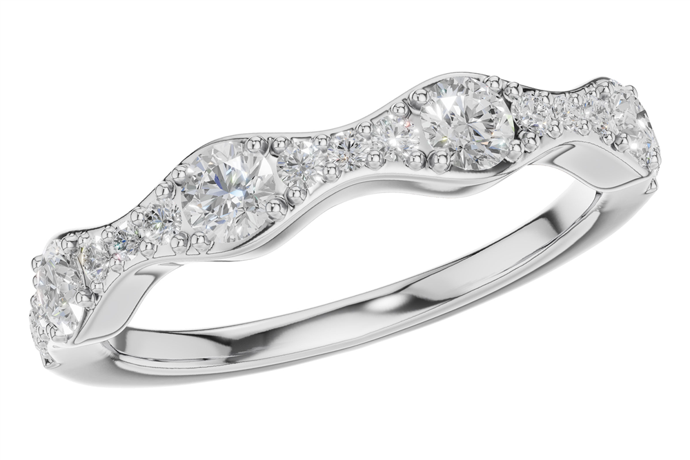 Crafted by Allison Kaufman, the 14k White Gold and Natural Diamond Wavy Wedding Band showcases an elegant wavy design set with two larger natural diamonds and several smaller diamonds along the top, making it a dazzling choice for a wedding band.