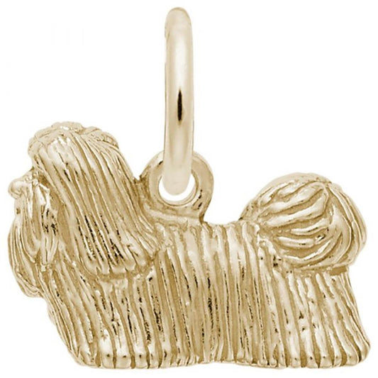 The Shih Tzu Dog Charm by Rembrandt Charms features a gold plated sterling silver charm shaped like a dog with long, flowing fur and a fluffy tail, resembling a Shih Tzu. The pendant includes a loop at the top for attaching to a necklace or bracelet.