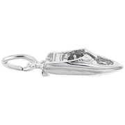 The Bowrider Boat in Sterling Silver Charm by Rembrandt Charms features a meticulously detailed miniature boat design, complete with a steering wheel and seats inside. Attached to the rear of the boat is a keyring, making it an ideal accessory for any boating enthusiast. Its metallic finish provides a sleek and polished appearance.
