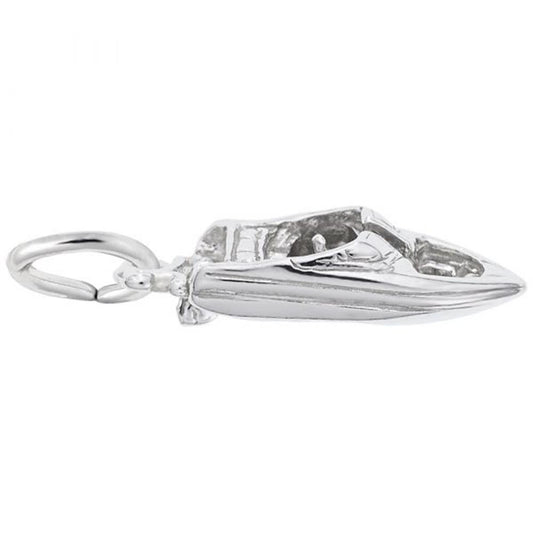 The Bowrider Boat in Sterling Silver Charm by Rembrandt Charms features a meticulously detailed miniature boat design, complete with a steering wheel and seats inside. Attached to the rear of the boat is a keyring, making it an ideal accessory for any boating enthusiast. Its metallic finish provides a sleek and polished appearance.