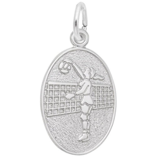 The Rembrandt Charms Volleyball Player Oval Disc Charm in sterling silver features an engraved volleyball player jumping to hit a ball over the net, with a textured background that contrasts the polished figure.