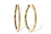 A pair of Allison Kaufman 14k Yellow Gold Hoops, measuring 20mm, are displayed upright with their clasps visible against a plain white background.