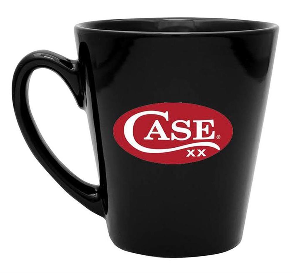 This black ceramic mug, a perfect piece of black giftware from W.R. Case & Sons Cutlery Co., features the word "CASE" in white and red lettering with the letters "xx" beneath. Set within a red oval on one side, the round-handled mug boasts a simple yet sleek design ideal for any miscellaneous collection.
