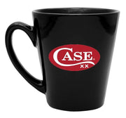 This black ceramic mug, a perfect piece of black giftware from W.R. Case & Sons Cutlery Co., features the word "CASE" in white and red lettering with the letters "xx" beneath. Set within a red oval on one side, the round-handled mug boasts a simple yet sleek design ideal for any miscellaneous collection.