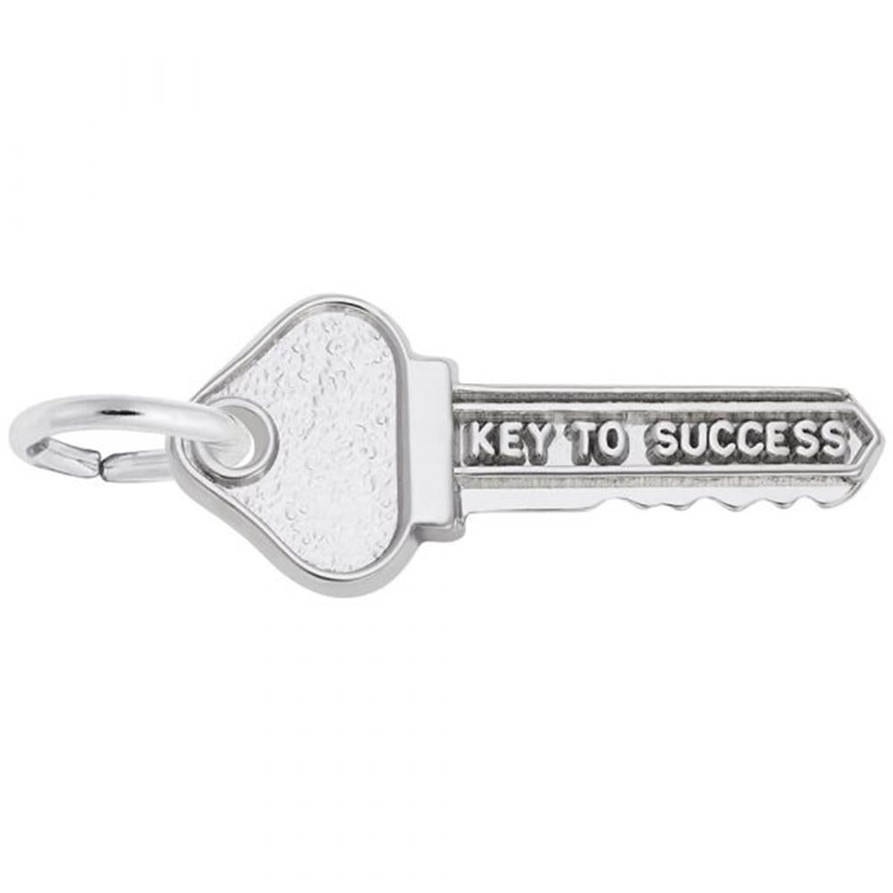 The Rembrandt Charms "Key to Success" Sterling Silver Charm is intricately crafted as a key with the words "KEY TO SUCCESS" engraved on the shaft. This elegant piece hangs from a circular keyring against a plain white background.