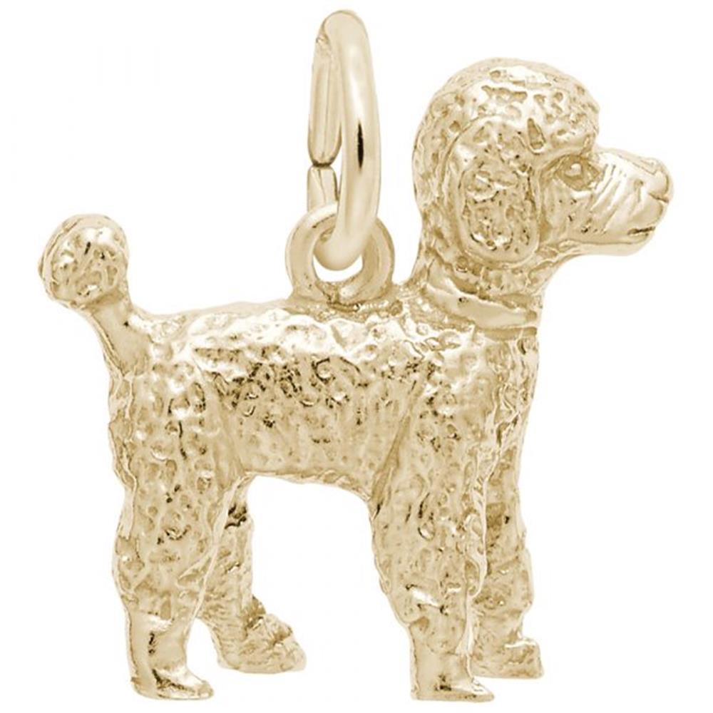 The Poodle Dog Charm from Rembrandt Charms is a stunning gold plated sterling silver piece, featuring a detailed curly fur texture. It includes a small loop at the top, making it ideal for attaching to a chain or bracelet. The charm beautifully depicts the poodle standing on all four legs.