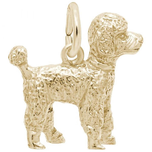 The Poodle Dog Charm from Rembrandt Charms is a stunning gold plated sterling silver piece, featuring a detailed curly fur texture. It includes a small loop at the top, making it ideal for attaching to a chain or bracelet. The charm beautifully depicts the poodle standing on all four legs.