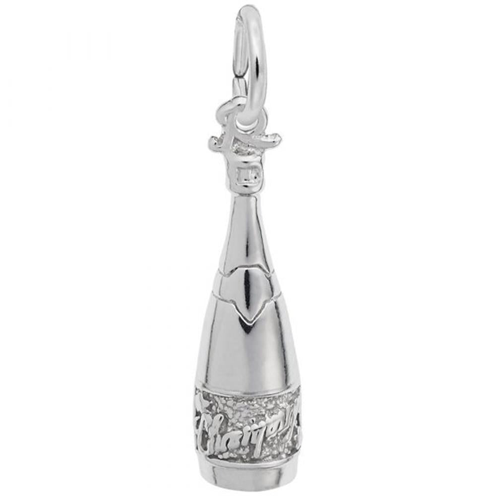 The Rembrandt Charms Champagne Bottle Charm, crafted from sterling silver, boasts intricate details including a label reading "Cheers" near the base. This charm features a loop at the top for easy attachment to a bracelet or necklace.