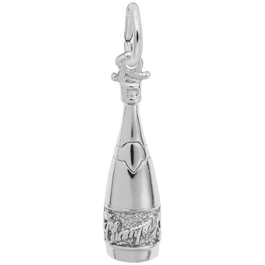 The Rembrandt Charms Champagne Bottle Charm, crafted from sterling silver, boasts intricate details including a label reading "Cheers" near the base. This charm features a loop at the top for easy attachment to a bracelet or necklace.