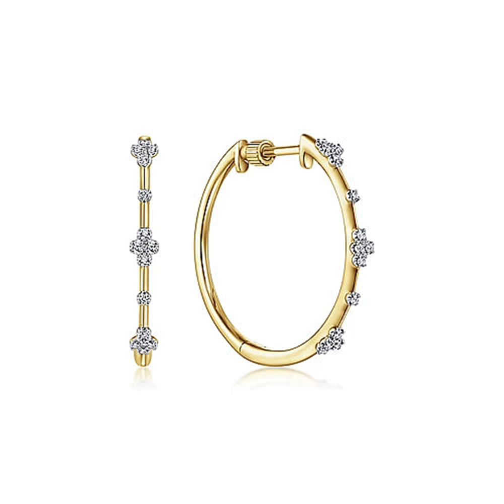 A pair of 14K Yellow Gold 20mm Round Classic Diamond Hoop Earrings from Gabriel & Co, featuring evenly spaced clusters of diamonds. One earring is shown in a side profile and the other in a front profile, highlighting their elegant design and sparkling embellishments against a white background.