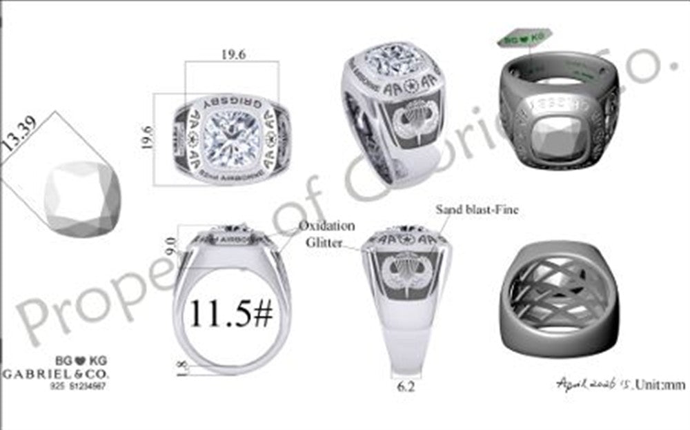 Technical drawing of the Gabriel & Co Custom sterling silver 82nd Airborne men’s ring, showing top/side views, measurements, intricate engravings, a large central stone in fe setting, oxidation/sandblast finish, and airborne detailing.