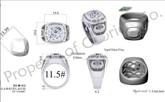 Technical drawing of the Gabriel & Co Custom sterling silver 82nd Airborne men’s ring, showing top/side views, measurements, intricate engravings, a large central stone in fe setting, oxidation/sandblast finish, and airborne detailing.