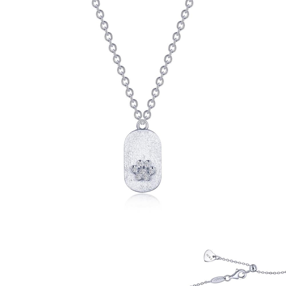 Introducing the Paw Necklace by Lafonn: a delicate sterling silver necklace featuring a small rectangular pendant adorned with a Lassaire simulated diamond at its center. The piece is complemented with a fine chain and heart-shaped clasp, enhancing its charm. This elegant and simple accessory is a timeless classic, perfect for everyday wear.