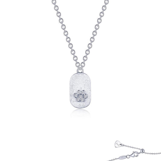 Introducing the Paw Necklace by Lafonn: a delicate sterling silver necklace featuring a small rectangular pendant adorned with a Lassaire simulated diamond at its center. The piece is complemented with a fine chain and heart-shaped clasp, enhancing its charm. This elegant and simple accessory is a timeless classic, perfect for everyday wear.