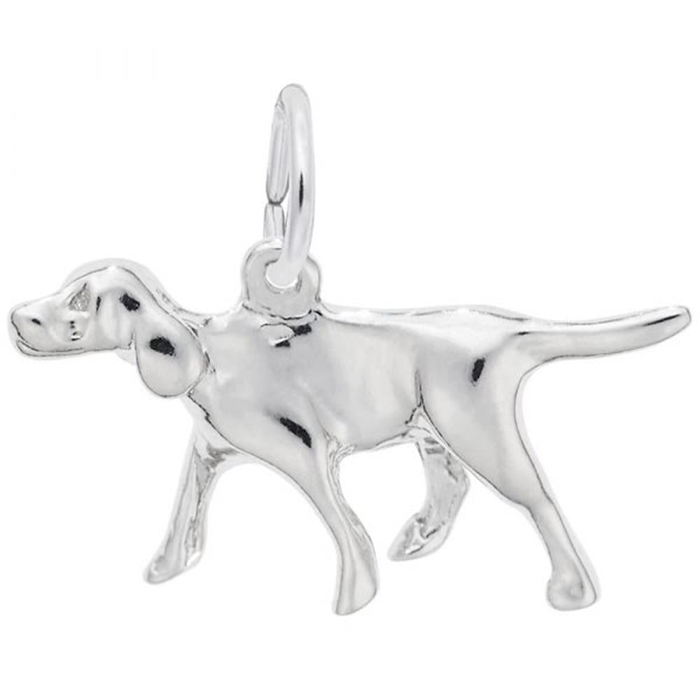 The Retriever German Shorthaired Dog Charm by Rembrandt Charms is a polished sterling silver piece that features a detailed, standing German Shorthaired Pointer with its tail pointing straight back and its head slightly tilted down. It includes a small loop on top for easy attachment to a chain or bracelet.