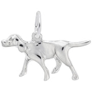 The Retriever German Shorthaired Dog Charm by Rembrandt Charms is a polished sterling silver piece that features a detailed, standing German Shorthaired Pointer with its tail pointing straight back and its head slightly tilted down. It includes a small loop on top for easy attachment to a chain or bracelet.