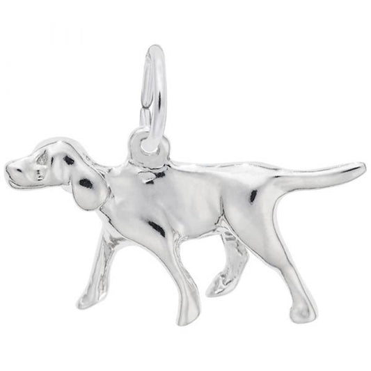 The Retriever German Shorthaired Dog Charm by Rembrandt Charms is a polished sterling silver piece that features a detailed, standing German Shorthaired Pointer with its tail pointing straight back and its head slightly tilted down. It includes a small loop on top for easy attachment to a chain or bracelet.