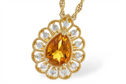 The **Citrine and Diamonds 14K Yellow Gold Necklace** by **Allison Kaufman** showcases a breathtaking citrine pendant at its center, adorned with diamond accents in an intricate design. This radiant centerpiece elegantly hangs on a twisted gold chain, highlighting its sophistication.