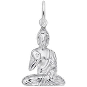 The Rembrandt Charms Buddha Charm in sterling silver is exquisitely crafted in the shape of a seated Buddha in a meditative posture. One hand is raised while the other rests on the knee, showcasing intricate robe detailing. This charm features a loop at the top for easy attachment to any necklace or chain.
