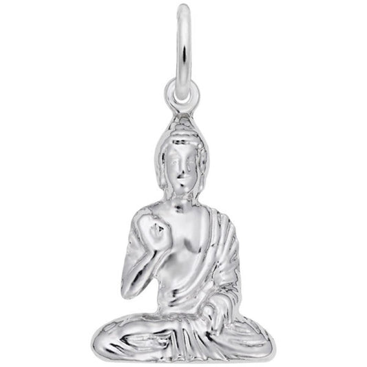 The Rembrandt Charms Buddha Charm in sterling silver is exquisitely crafted in the shape of a seated Buddha in a meditative posture. One hand is raised while the other rests on the knee, showcasing intricate robe detailing. This charm features a loop at the top for easy attachment to any necklace or chain.