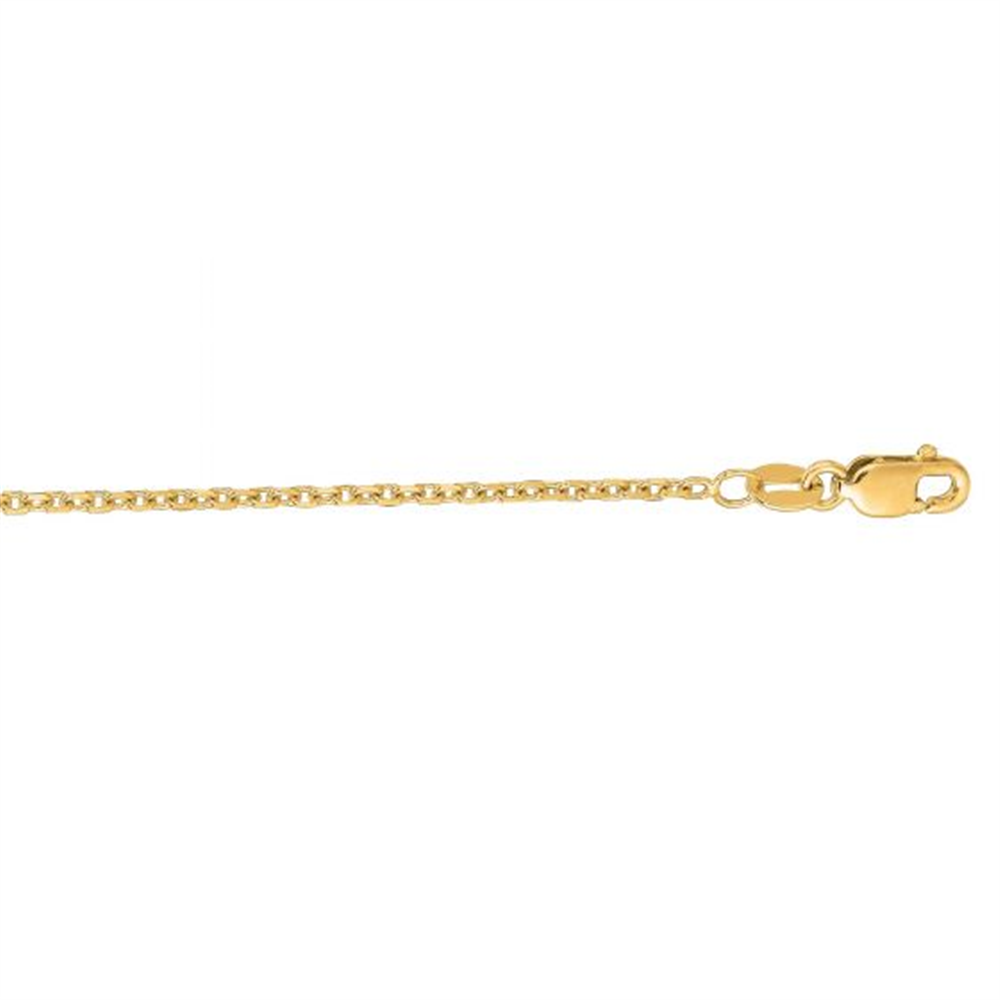 Close-up of the delicate 14K Yellow Gold Chain by Royal Chain Group-Royal Chain, featuring a lobster clasp closure and a series of small, polished links against a white background.