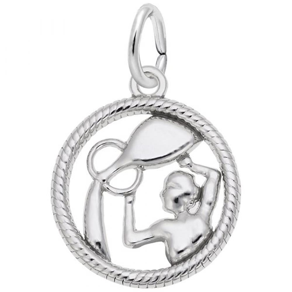 'Sterling silver charm depicting the Aquarius water carrier within a rope-bordered circle. Style 4771, 0.61 in x 0.61 in (15.5 mm x 15.5 mm).'
