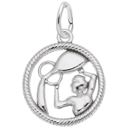 'Sterling silver charm depicting the Aquarius water carrier within a rope-bordered circle. Style 4771, 0.61 in x 0.61 in (15.5 mm x 15.5 mm).'