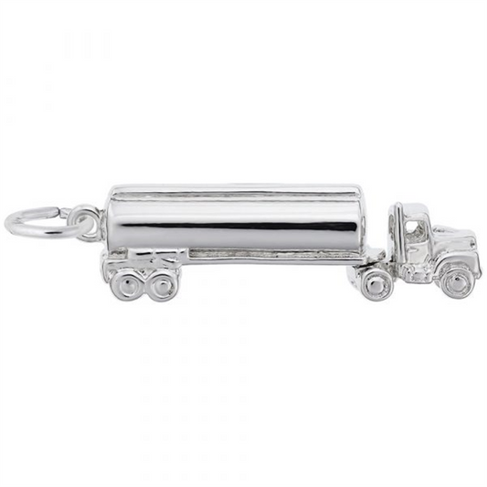 The Oil Tanker Truck Charm by Rembrandt Charms is a polished sterling silver piece, intricately crafted in the shape of an oil tanker truck. It features detailed wheels, a driver’s cabin, and a cylindrical tanker, complete with a small loop on the front for easy attachment to a bracelet or necklace.