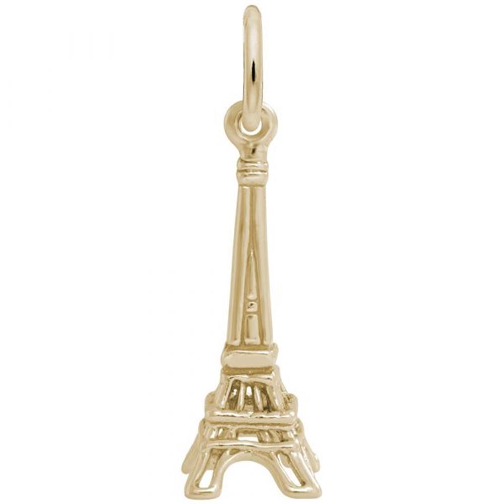 A small, 14K yellow gold Eiffel Tower charm from Rembrandt Charms, featuring a circular loop at the top to attach to a bracelet or necklace. The product description highlights detailed engravings that replicate the structure of the iconic Paris landmark.