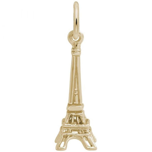 A small, 14K yellow gold Eiffel Tower charm from Rembrandt Charms, featuring a circular loop at the top to attach to a bracelet or necklace. The product description highlights detailed engravings that replicate the structure of the iconic Paris landmark.