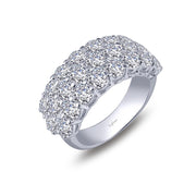 The Lafonn 4.25 CTW Anniversary Band, in size 7.5, features three rows of closely set round white gemstones for a wide, sparkling silver look.