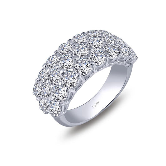 The Lafonn 4.25 CTW Anniversary Band, in size 7.5, features three rows of closely set round white gemstones for a wide, sparkling silver look.