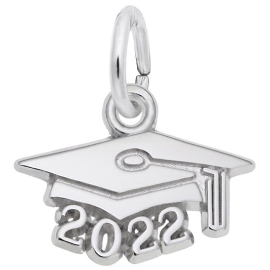 A Grad Cap 2022 Charm by Rembrandt Charms, crafted in sterling silver, showcases a graduation cap with a rolled-up diploma on top. The year "2022" is prominently displayed beneath the cap, celebrating the graduation year.